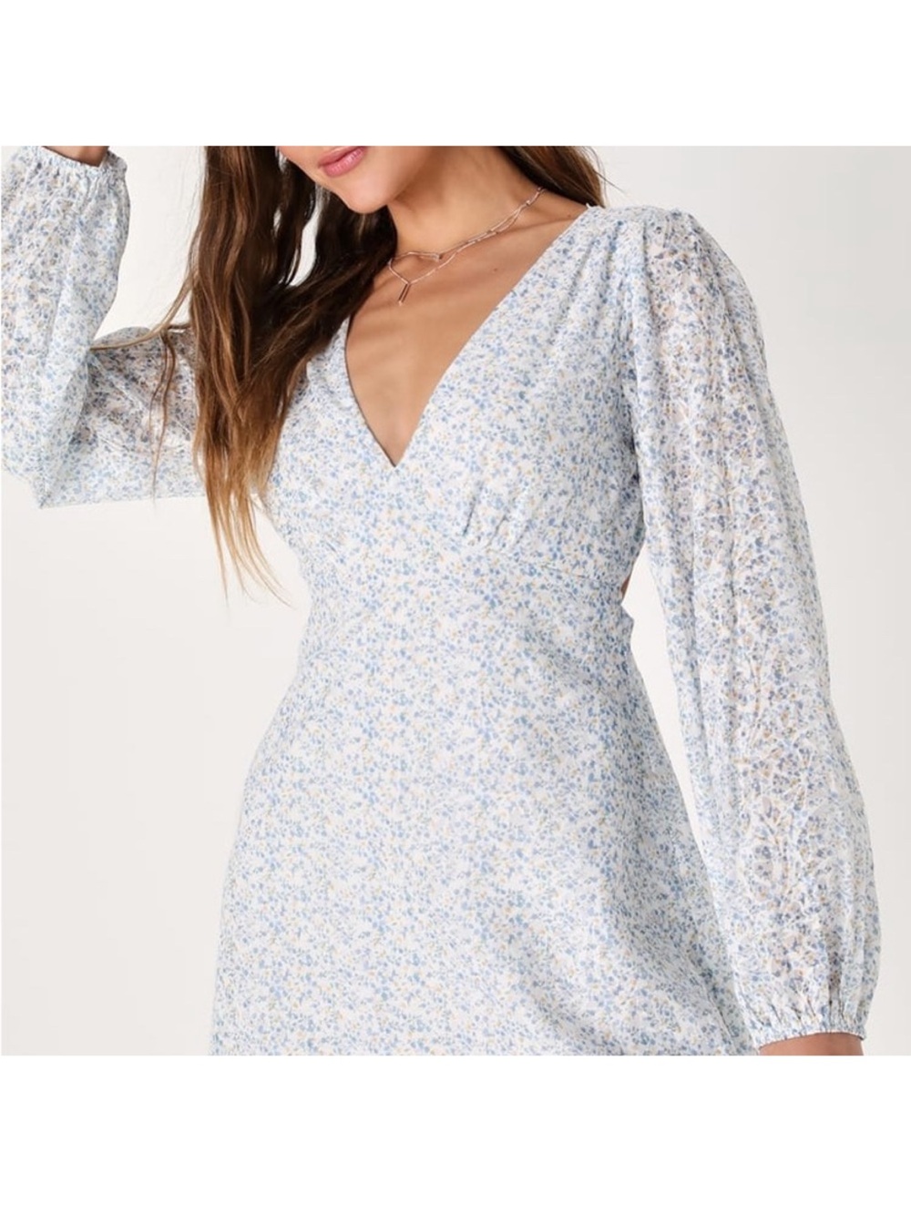 Lulu's Light Blue Floral V-Neck Puff-Sleeve Dress